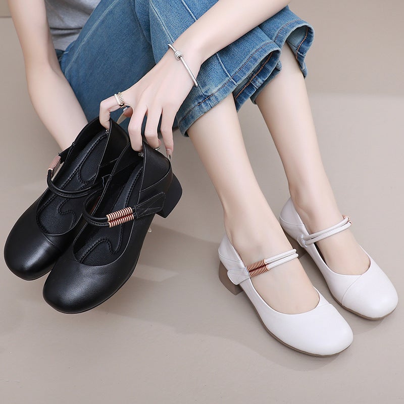 25 New Style One-Word With Four Seasons Mary Jane Comfortable Mid-Heel Round Toe Shallow Mouth Leather Top Layer Cowhide Small Size Mother Shoes - Image 3